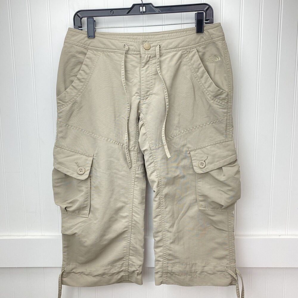 North Face Pants Cargo Capri Sz 8 Beige Nylon Hiking Trail Cropped Cinch Hem EUC